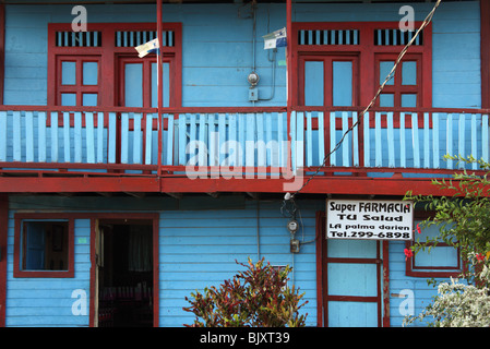 Detail of quaint blue painted wooden building that is the Super Farmacia chemists shop / drugstore in La Palma, Darien, Panama Stock Photo