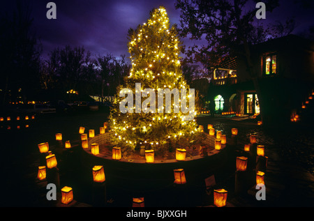 Christmas tree and luminarias at Tlaquepaque Shopping Center, Sedona, Arizona, USA Stock Photo