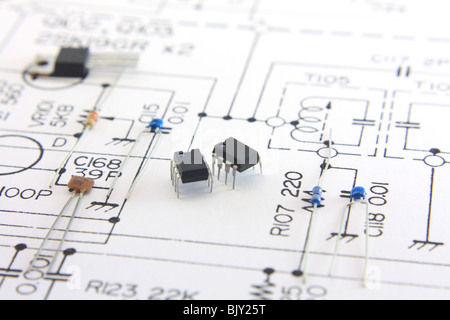 Electronic tools and components on a scheme Stock Photo