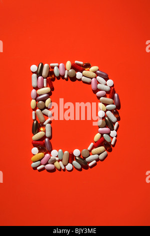 The shaped of the letter B formed with many colorful pills, tablets and capsules