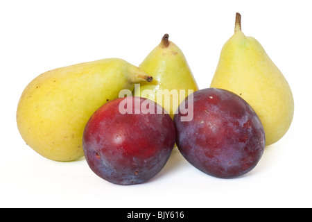 three pears and two plums isolated on white background Stock Photo