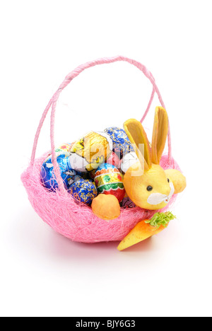 Easter eggs in easter bunny basket Stock Photo