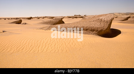 Yardangs, or mud lions, in mid day sun in Sahara Desert, en route to the Gilf Kebir, Western Desert of Egypt Stock Photo