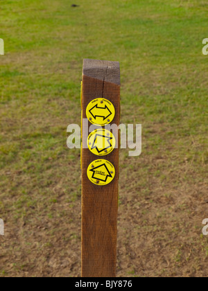 Public footpath marker arrows pointing in different directions on wooden post Stock Photo