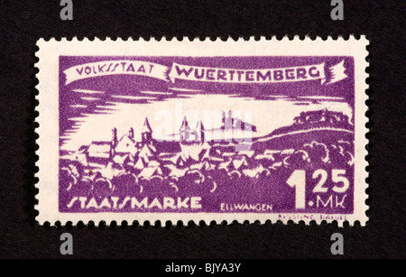 Postage stamp from Wurttemberg (Germany) depicting a view of Ellwangen. Stock Photo