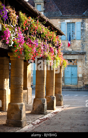 Geraniums in the village square of Domme, Dordogne, France. Stock Photo