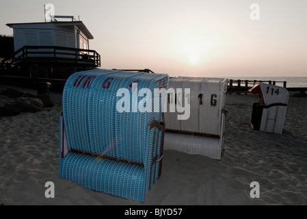 Beach chairs in the evening at the beach of Kuehlungsborn, Germany, Baltic Sea, Mecklenburg-Western Pomerania. Stock Photo