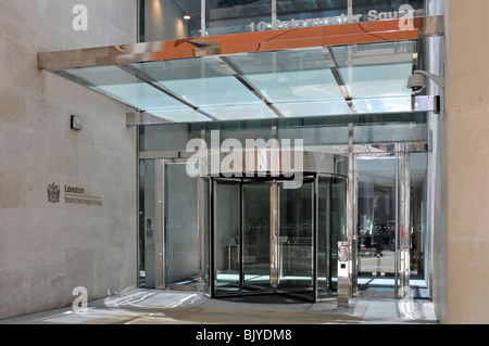 Glazed canopy above revolving door entrance to the London Stock Exchange at 10 Paternoster Square in financial district of City Of London England UK Stock Photo