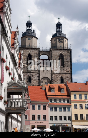 Twin spires of Gothic Stadtkirche St Marien in Wittenberg, Saxony, Germany Stock Photo
