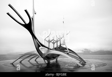 Viking boat sculpture, overlooking Snaefellsjokull, Reykjavik, Iceland Stock Photo