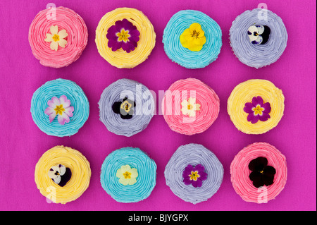 Colourful cup cakes and edible spring flowers Stock Photo