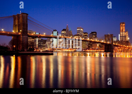 The Brooklyn Bridge and buildings of Lower Manhattan financial district, New York City USA