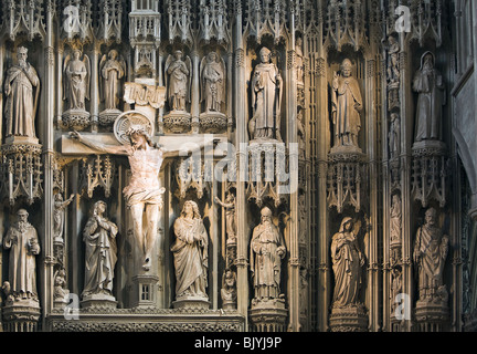 A photograph from St Albans Abbey Cathedral of Jesus Christ on the cross surrounded by saints. Stock Photo