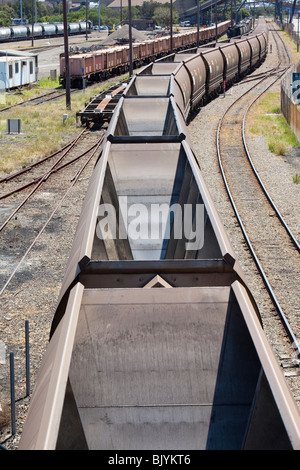 Coal moving train at Port Waratah in Newcastle which is the worlds largest coal port. New South Wales, Australia. Stock Photo