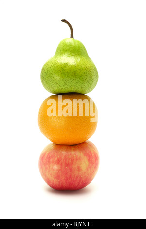 stack of apple, orange and pear on white background Stock Photo