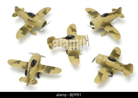 Five toy aircrafts arranged on white background Stock Photo