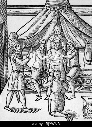 medicine, birth, pregnant before Caesarean, with doctors and obstetrician, woodcut, circa 1595, Stock Photo