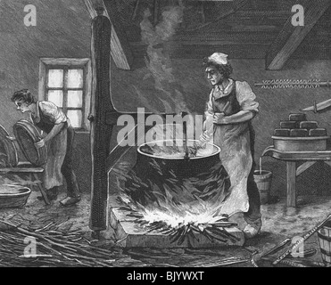 food, cheese, production, modern dairy in Geierz, Switzerland, worker whisking, wood engraving, 1892, Stock Photo