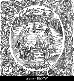 military, landsknechts, military court in the field, woodcut from the war handbook of Georg von Frundsberg, 16th century, historic, historical, court-martial, court martial, justice, landsknecht, mercenaries, soldiers, people, Stock Photo