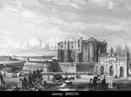 geography / travel, France, Paris, Bastille at Porte Saint Antoine, after painting from 18th century, steel engraving by Brother's Rouague, 19th century, historic, historical, Western Europe, state prison, prisons, fortress, city fortifications, city gate, gates, coach, carriage, coaches, carriages, people, Stock Photo