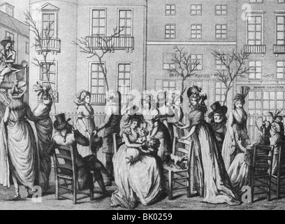 geography / travel, France, Paris, people, higher society in garden of Boulevard des Italiens, after engraving of Desrais, 1797, Stock Photo
