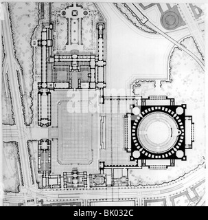 Nazism / National Socialism, architecture, capital of the German Reich 'Germania' (former Berlin), ground plan of 'Great Hall' and 'Fuehrer Palace', draft by Albert Speer, late 1930s,