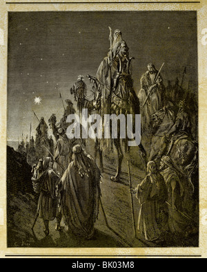 fine arts, Dore, Gustave (1832 - 1883), illustration, The Three Wise Men following the Star of Bethlehem, wood engraving, Paris, Stock Photo