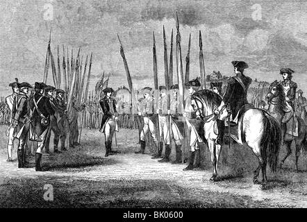 events, American Revolutionary War 1775 - 1783, surrender of the British at Yorktown, Virginia, 19.10.1781, handing over the regimental colours, wood engraving, 19th century, Americans, Great Britain, USA, revolution, soldiers, 18th century, historic, historical, people, Stock Photo
