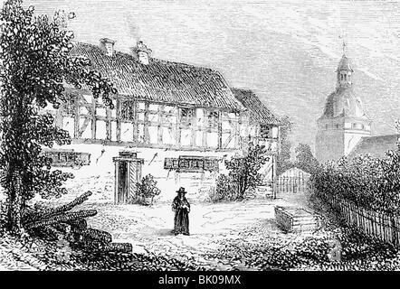 geography / travel, Germany, Mansfeld, birth place of Gottfried August Buerger, exterior view, wood engraving, 2nd half 19th century, Molmerswende, Saxony-Anhalt, Saxony Anhalt, Kingdom of Prussia, Province of Saxony, Central Europe, house, historic, historical, Burger, Bürger, people, Stock Photo