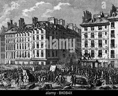 Foullon de Doue, Joseph Francois, 25.6.1715 - 25.7.1789, French politician, Controller-General of Finances 12.- 25.7.1789, death, hanged on a latern at Place de Greve, Paris, contemporary copper engraving, , Artist's Copyright has not to be cleared Stock Photo