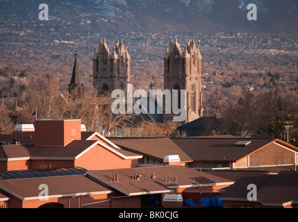 View of the Cathedral of the Madeleine from an overlook of Salt Lake foothills near the Utah Capitol building Stock Photo