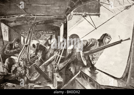 German gunners watching out for an Allied attack from the cabin of a Zeppelin airship during the First World War. Stock Photo