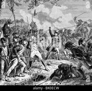 events, War of the First Coalition 1792 - 1797, Battle of Wattignies, 15./16.10.1793, Lazare Carnot leading the French attack in the center, wood engraving, 19th century, France, Revolutionary Wars, soldiers, combat, 18th century, historic, historical, people, Stock Photo