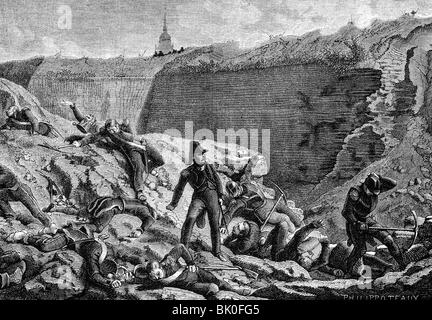 events, Peninsular War 1808 - 1814, Siege of Badajoz 16.3. - 6.4.1812, French engineers under fire, wood engraving after Philippoteux, 19th century, fortress, battle, soldiers, Spain, Napoleonic Wars, historic, historical, people, Stock Photo