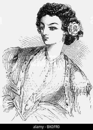 Montez, Lola, 17.2.1821 - 17.1.1861, Irish dancer, half length, wood engraving, 1855, , Stock Photo