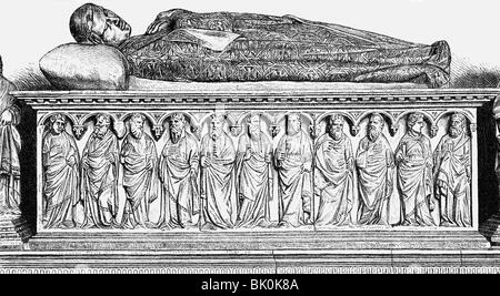 Henry VII, circa 1275 - 24.8.1313, Holy Roman Emperor 29.9.1312 - 24.8.1313, sarcophagus in the Cathedral of Pisa, 1315, wood engraving, 19th century, , Stock Photo