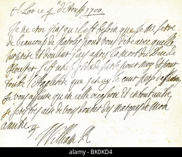 William III, 14.11.1650 - 19.3.1702, King of England, Scotland and Ireland 1689 - 1702, his autograph, letter to the Earl of Marlborough, in French, August 1700, Stock Photo