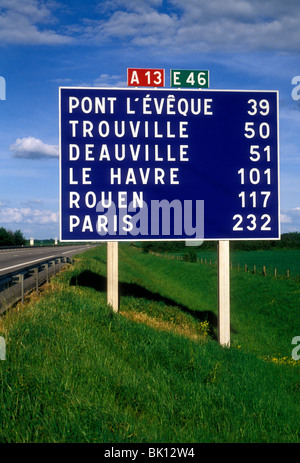 sign, distance in kilometers, autoroute A13, near city of Caen, Lower Normandy, France, Europe Stock Photo