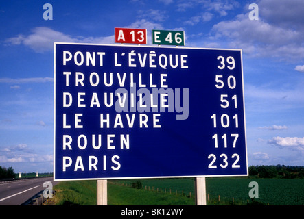 sign, distance in kilometers, autoroute A13, near city of Caen, Lower Normandy, France, Europe Stock Photo