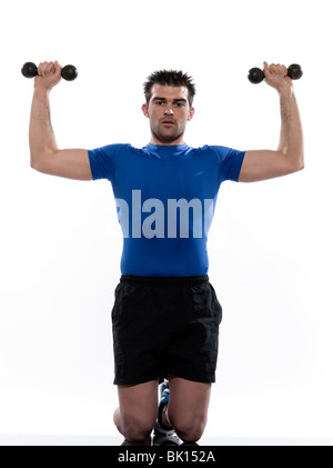 man weight training Worrkout Posture exercising on white background with weights Stock Photo