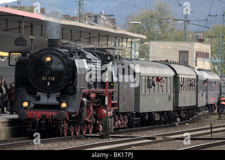 Old steam train at the station in Koblenz, Germany Stock Photo