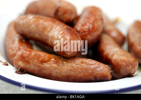 Freshly Cooked Grilled Or Fried Thick Pork Meat Sausages Served On A Plate With No People Stock Photo