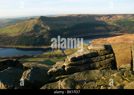 Dove Stone and Yeoman Hey reservoirs from Great Dove Stone Rocks, Saddleworth, Oldham district, Greater Manchester, England, UK Stock Photo