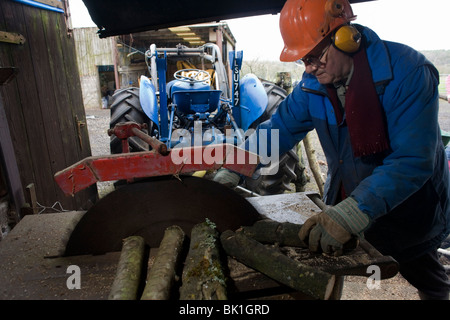 An elderly gentleman operates a dangerous circular saw to trim logs in his smallholding wearing correct safety equipment. Stock Photo