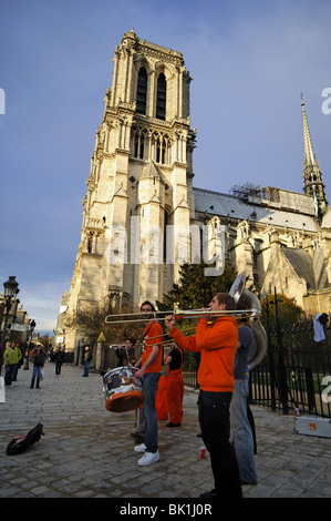 Street musicians nearby Notre Dame de Paris Stock Photo