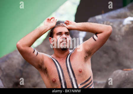 A traditional aboriginal display at the Tjapukai Aboriginal Park near Cairns, Queensland, Australia. Stock Photo