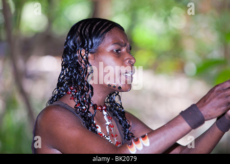 An aboriginal lady at the Tjapukai Aboriginal Park near Cairns, Queensland, Australia. Stock Photo