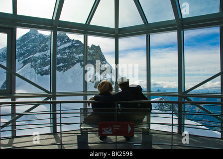 Summit of the The Kleine Scheidegg high mountain pass below and between the Eiger and Lauberhorn peaks Stock Photo