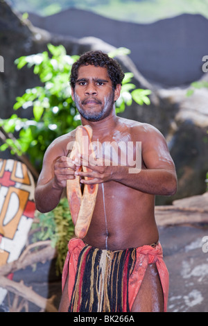 A traditional aboriginal display at the Tjapukai Aboriginal Park near Cairns, Queensland, Australia. Stock Photo