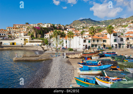 Traditional decorated fishing boats Camara de Lobos harbour Madeira Portugal EU Europe Stock Photo